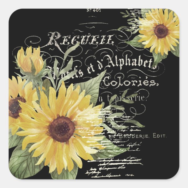 Pegatina Cuadrada Tipografía de época y girasoles en negro (Anverso)