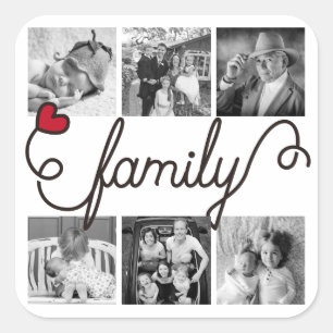 Pegatina Cuadrada Tipografía de Familia Arte Corazón Rojo Fotos de I
