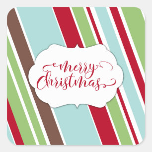 Pegatina Cuadrada Tipografía de Feliz Navidad Roja con Rayas Diagona
