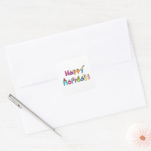Pegatina Cuadrada Tipografía de figura de palitos para felices fiest