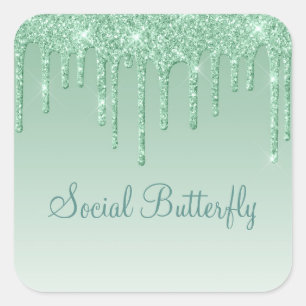 Pegatina Cuadrada Tipografía de mariposa social purpurina Icy Green