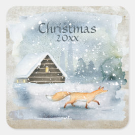 Pegatina Cuadrada Tipografía de Navidad en acuarela elegante