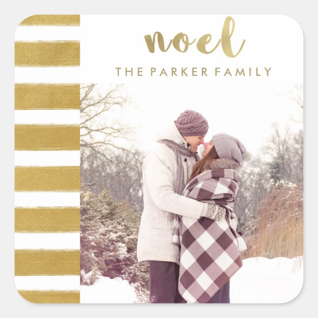 Pegatina Cuadrada Tipografía de Noel Faux Gold Navidades con foto (Anverso)