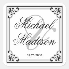Pegatina Cuadrada Tipografía en blanco y negro Boda simple