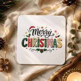 Pegatina Cuadrada Tipografía festiva de Feliz Navidad