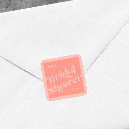 Pegatina Cuadrada Tipografía floreciente Coral Salmon Bridal Shower