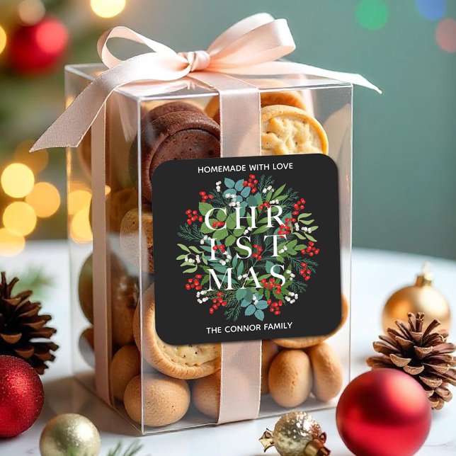 Pegatina Cuadrada Tipografía navidad Holly Berries Casero (CHRISTMAS Typography Greenery and Berries Homemade with Love 3" Square Stickers)