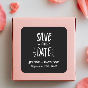 Pegatina Cuadrada Tipografía Negra Personalizada para Boda Save the 