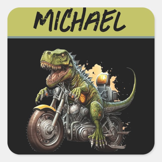 Pegatina Cuadrada Tirannosauro Rex Dinosaurio en motocicleta (Anverso)