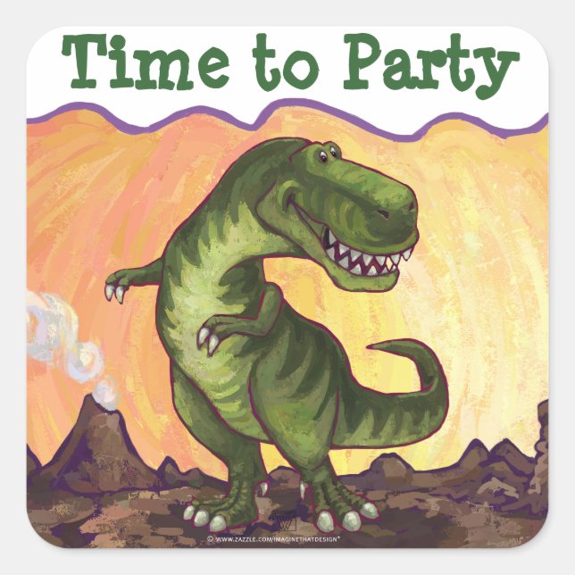 Pegatina Cuadrada Tirannosauro Rex Tiempo al Fiesta (Anverso)
