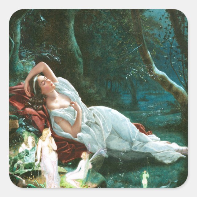 Pegatina Cuadrada Titania durmiendo a la luz de la luna - Arte Simmo (Anverso)