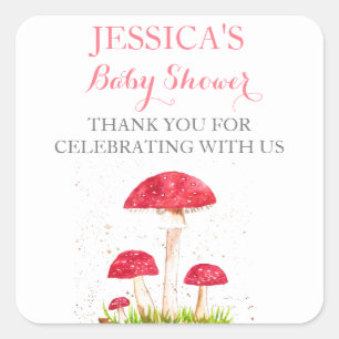 Pegatina Cuadrada Toadstool Mushroom Watercolor Cute Baby Shower