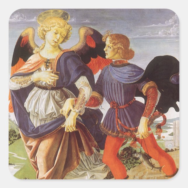 Pegatina Cuadrada Tobias y el ángel de Andrea del Verrocchio (Anverso)