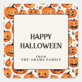 Pegatina Cuadrada Tocantes calabazas talladas y hojas de otoño Hallo
