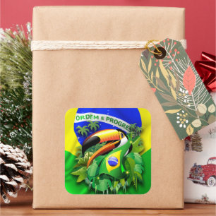 Pegatina Cuadrada Toco Toucan con la bandera de Brasil