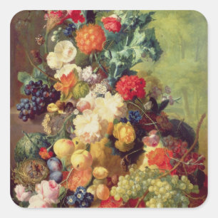Pegatina Cuadrada Todavía vida con las flores y la fruta