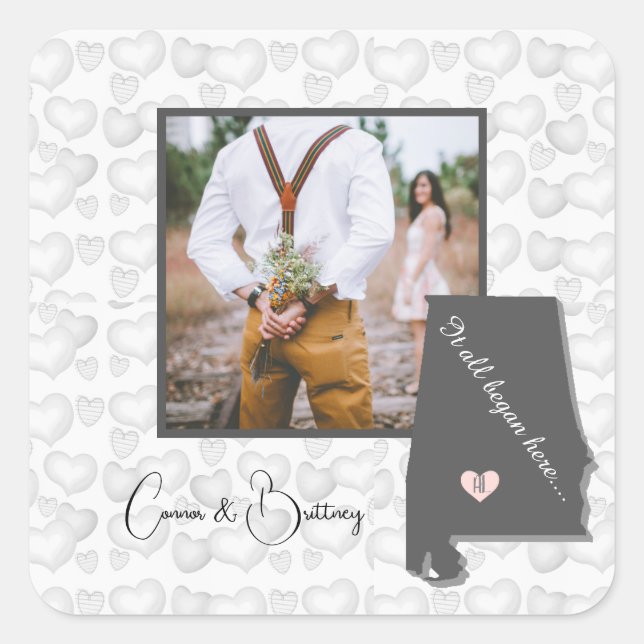 Pegatina Cuadrada Todo comenzó aquí, la foto de Alabama se personali (Anverso)