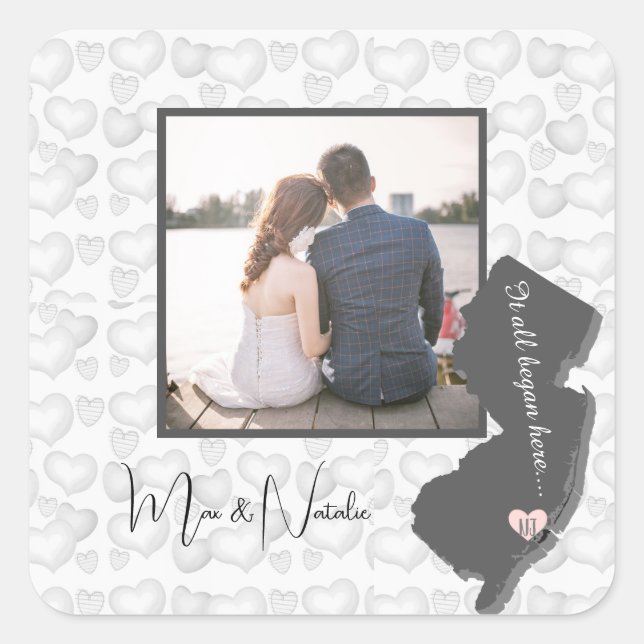 Pegatina Cuadrada Todo comenzó aquí, Nueva Jersey, Foto Corazón Squa (Anverso)