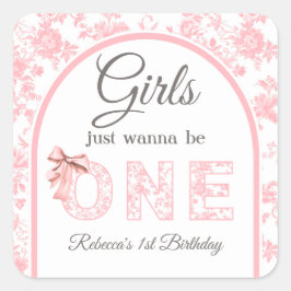 Pegatina Cuadrada Toile Coquette Pink Bow Chica Primer Cumpleaños