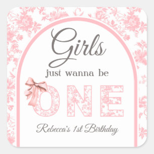 Pegatina Cuadrada Toile Coquette Pink Bow Chica Primer Cumpleaños