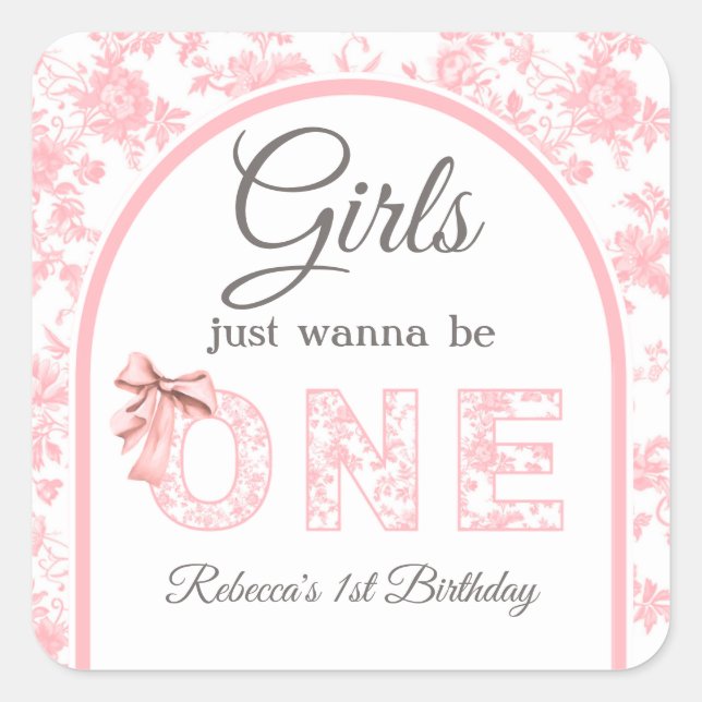 Pegatina Cuadrada Toile Coquette Pink Bow Chica Primer Cumpleaños (Anverso)