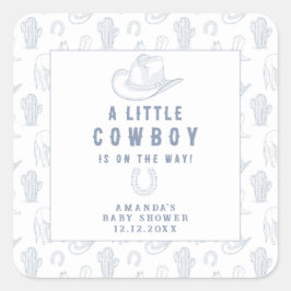 Pegatina Cuadrada Toile de Jouy Blue Cowboy Baby Shower Occidental