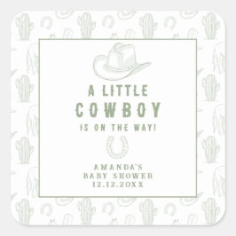 Pegatina Cuadrada Toile de Jouy Green Cowboy Baby Shower Occidental
