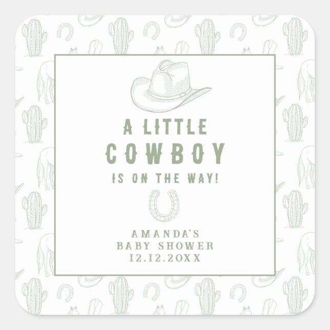 Pegatina Cuadrada Toile de Jouy Green Cowboy Baby Shower Occidental (Anverso)