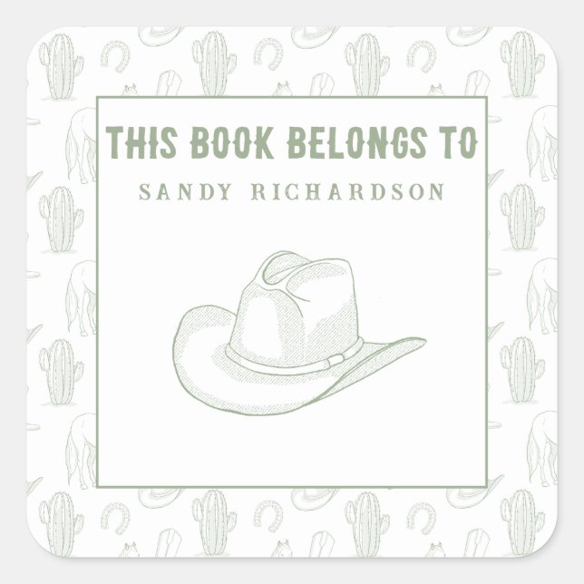 Pegatina Cuadrada Toile de Jouy Green Cowboy - Bookplate (Anverso)