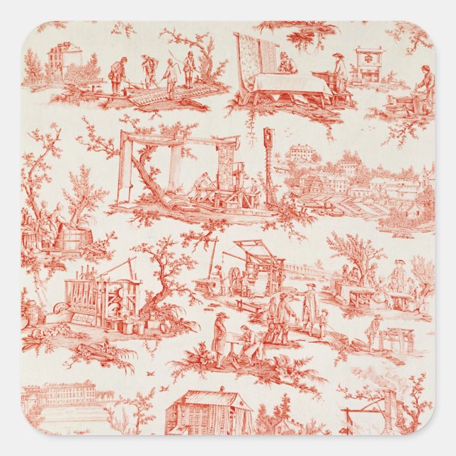 Pegatina Cuadrada Toile de Jouy, ilustrando los procesos de manuf (Anverso)