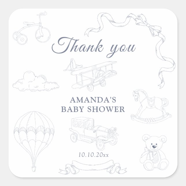 Pegatina Cuadrada Toile de Jouy Nursery Baby Shower Thank you (Anverso)