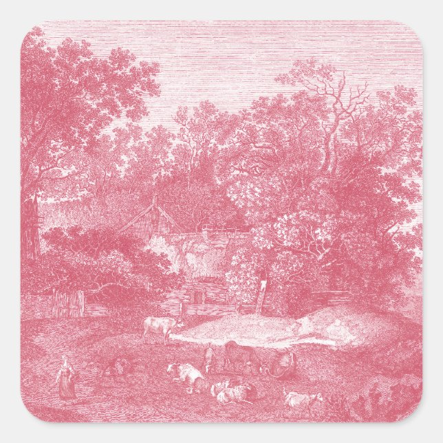 Pegatina Cuadrada Toile de Jouy Shabby Paisaje Pastoral Rosa (Anverso)