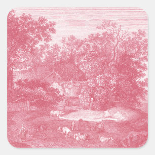 Pegatina Cuadrada Toile de Jouy Shabby Paisaje Pastoral Rosa