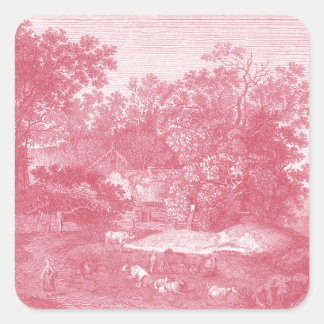 Pegatina Cuadrada Toile de Jouy Shabby Paisaje Pastoral Rosa