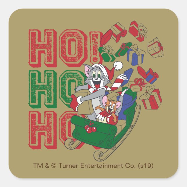 Pegatina Cuadrada Tom and Jerry Delivering Gifts In A Sleigh (Anverso)