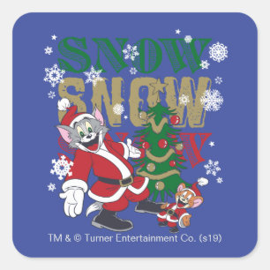 Pegatina Cuadrada Tom and Jerry Santas By The Tree