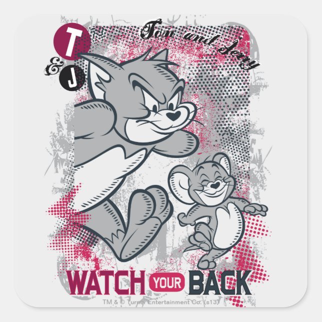 Pegatina Cuadrada Tom and Jerry Watch Your Back (Anverso)