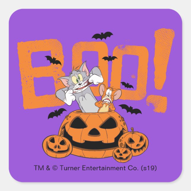 Pegatina Cuadrada Tom & Jerry | Happy Halloween Boo (Anverso)