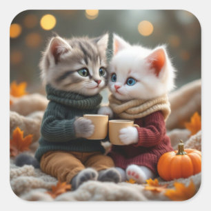Pegatina Cuadrada Tom & Luna – Abrazo Acogedor de Calabaza