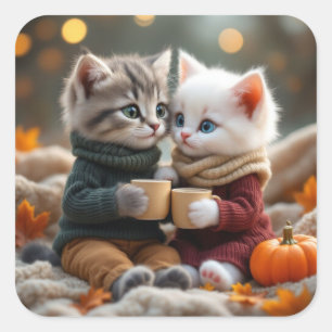 Pegatina Cuadrada Tom & Luna – Abrazo Acogedor de Calabaza