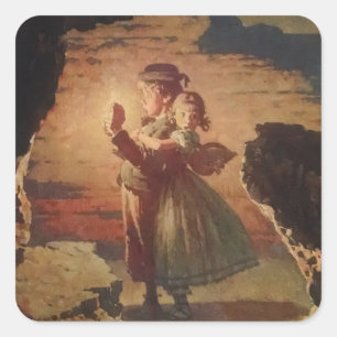 Pegatina Cuadrada Tom Sawyer y Becky Thatcher en la cueva