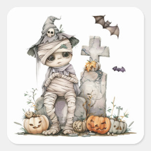 Pegatina Cuadrada Tombstone Tangle – Momia con sombrero de bruja