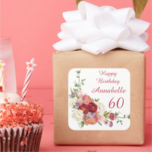 Pegatina Cuadrada Tonos de flores rosadas de Peones Blancos Feliz cu