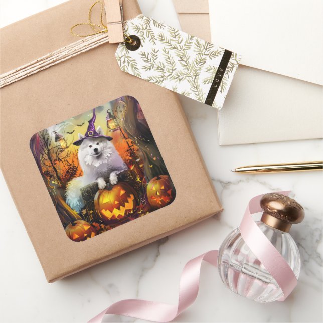 Pegatina Cuadrada Tonto Samoyed Perro Halloween Bruja Y Calabaza (Regalar)