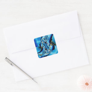 Pegatina Cuadrada Topaz Arte fractal azul y blanco