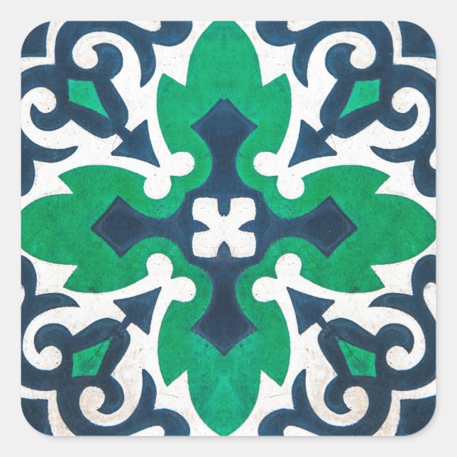 Pegatina Cuadrada Tornillo Ornamental Damask Blue Green Swirl (Anverso)