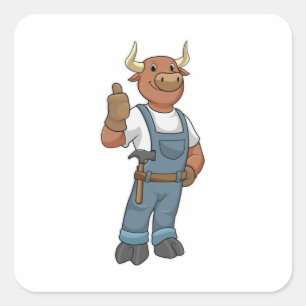 Pegatina Cuadrada Toro como Handyman con martillo