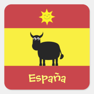 Pegatina Cuadrada Toro español, sol y bandera
