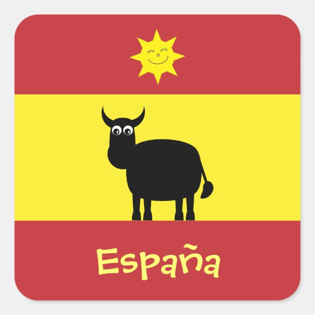 Pegatina Cuadrada Toro español, sol y bandera (Anverso)