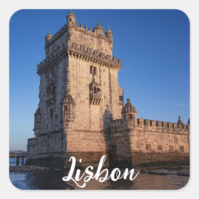 Pegatina Cuadrada Torre Belem al atardecer en Lisboa, Portugal (Anverso)